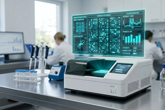 Desktop microfluidic gene chip scanner machine with holographic dna microarray fluorescence expression diagnostic dashboard