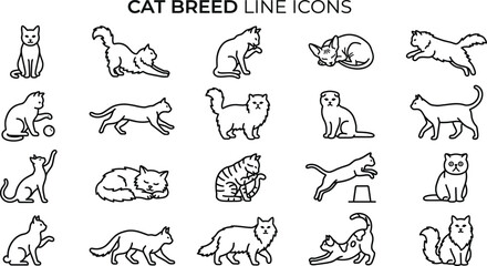 Obraz premium Huge bundle of cat breed line icons showcasing different feline domestic pets and characters vector design