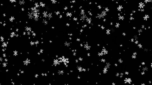 Winter snow icon particles falling animation with glowing snowflakes on dark abstract background.