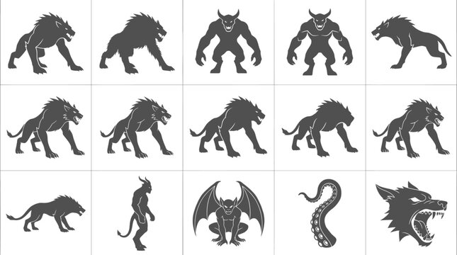 Creepy werewolf and monster silhouettes posing isolated on transparent background