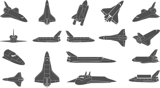 Detailed space shuttle silhouettes depicting various flight angles and views on transparent background