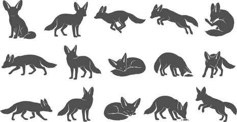 Obraz premium Fennec fox silhouette vector collection illustrating desert animals running jumping sleeping and sitting