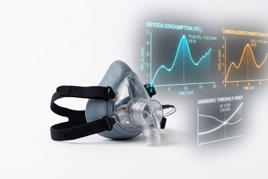 Metabolic gas exchange analysis face mask with holographic oxygen consumption vo2 and respiratory exchange ratio dashboards