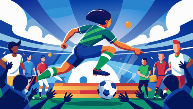 Soccer player kicking ball in stadium