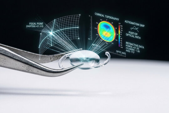 Ophthalmic surgical tweezers holding intraocular lens implant with holographic refractive power mapping and capsular bag fit matrix