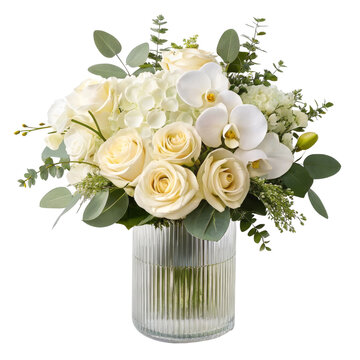 Luxury white rose and orchid floral arrangement in ribbed glass vase isolated