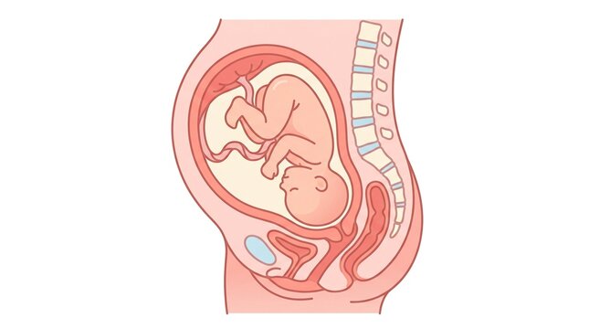 Childbirth anatomy, emphasizing the head-down position of the fetus and aspects of labor preparation.