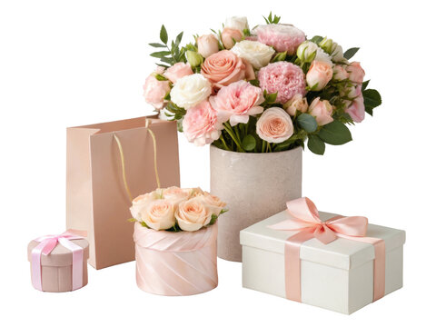 Mothers Day flower gift collection with bouquet boxes and shopping bag isolated