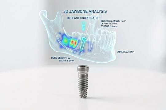 Threaded titanium dental implant fixture screw with holographic bone density seating torque and primary stability logs