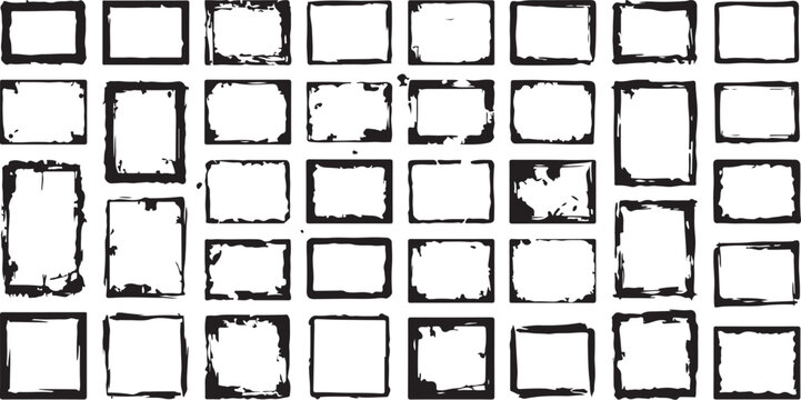 Distressed rectangle frames, grunge borders, black and white, vector set of 40