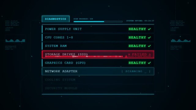 Computer diagnostics screen displaying system status with storage drive failure on dark digital background
