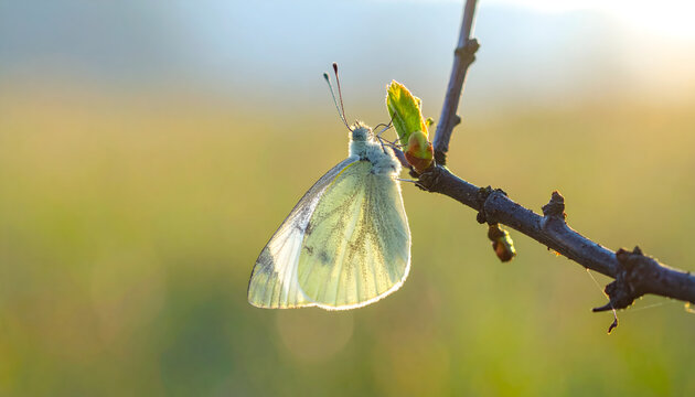 White butterfly resting on a dark branch during morning light creating a minimal calm peaceful meditative zen macro photograph generative AI