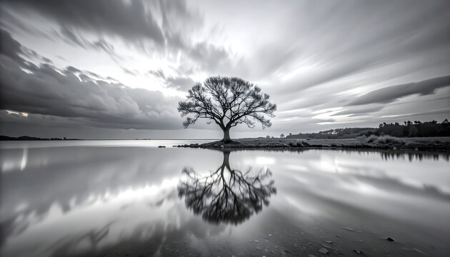Leafless tree reflected in shallow water during cloudy evening creating a minimal calm peaceful meditative zen landscape photograph generative AI
