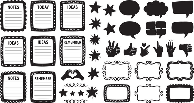 Black and white sticker set, journaling icons, notes and ideas, doodle elements