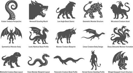Obraz premium Mythical beast and monster silhouettes with text standing isolated on white