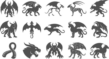 Fototapeta premium Mythical dragon and monster silhouettes standing isolated on transparent background