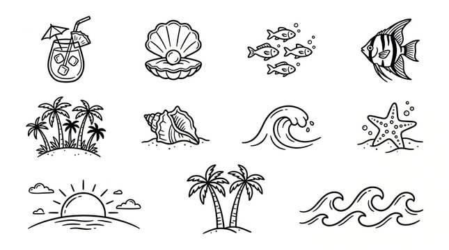 Set of black and white tropical icons for summer vacation design with tropical vacation collection seashell cocktail starfish
