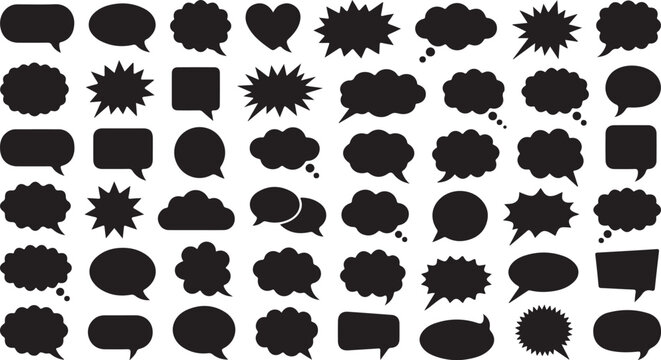 40 Black Speech Bubbles, Comic Book Text, Vector Icons, Communication Symbols