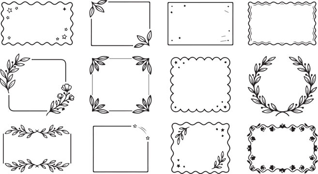 Vintage frame borders, floral label templates, 12 black and white vector frames, decorative certificate borders