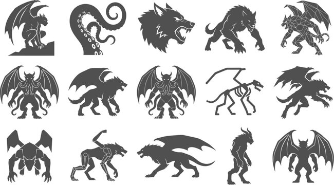 Mythical monster and gargoyle silhouettes standing isolated on transparent background