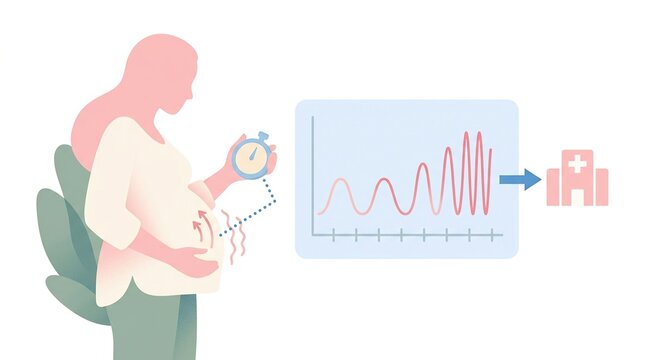 A woman timing contractions with a stopwatch while monitoring labor progress with a graph indicating contraction intervals.