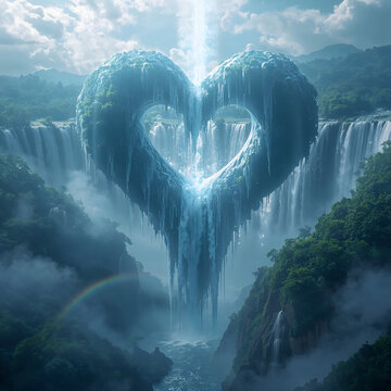 Waterfall heart shape fantasy landscape showing love with rivers flowing upward into luminous floating streams creating magical surreal breathtaking environmental wonder generative AI