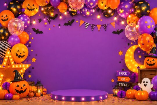 Cute pastel Halloween celebration illustration with spooky decorations, pumpkins, and characters.