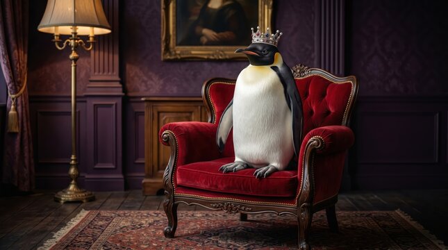 Emperor penguin wearing crown seated on red velvet armchair in ornate victorian interior, posed like monarch in formal portrait setting with luxurious decor and moody lighting.