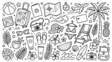 Comprehensive collection of summer travel and tropical beach vacation icons hand drawn in artistic black line sketch style