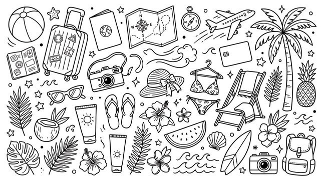 Comprehensive collection of summer travel and tropical beach vacation icons hand drawn in artistic black line sketch style