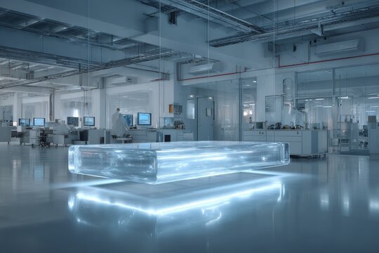 Tech and Futuristic Podium Floating magnetic empty podium in a lab anti-gravity effects scientists working behind glass empty space for an invention