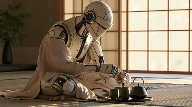 Futuristic humanoid robot making matcha in a traditional Japanese tea room 1