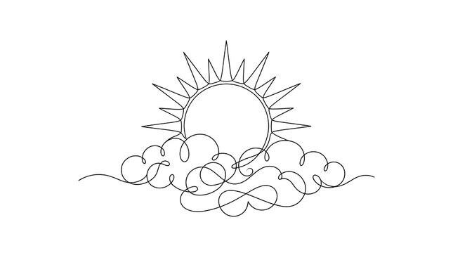 Continuous line art illustration of a rising sun behind stylized clouds on a clean white background with continuous, minimalist