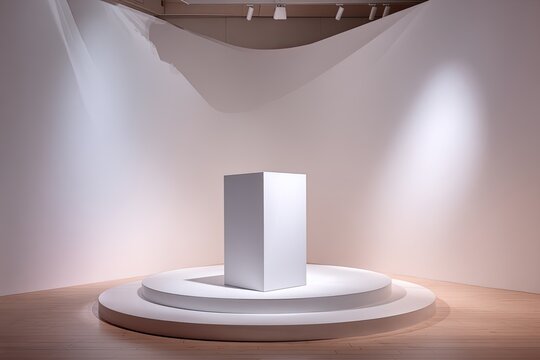Large Product Ad Podium Giant white pedestal in an art gallery pristine walls soft ambient lighting empty platform for a high-fashion display