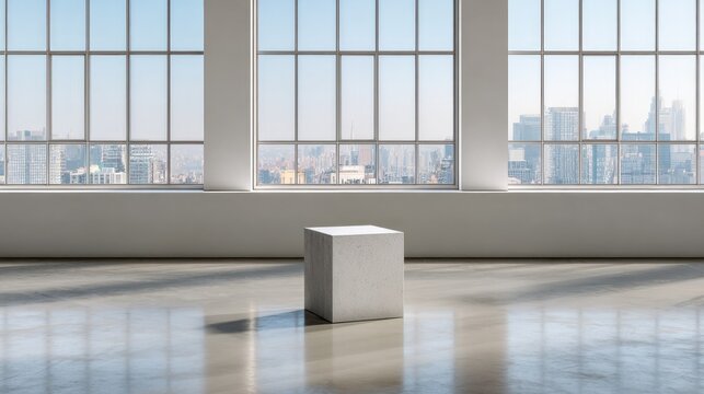 Small Product Ad Podium Tiny concrete podium in a modern loft industrial vibe large windows with city views empty spot for a minimalist product