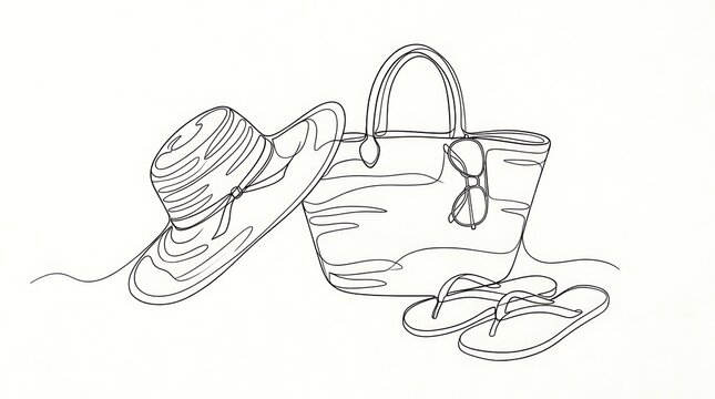 Minimalist black and white line art illustration of straw hat tote bag and flip flops for beach vacation with vacation, illustration