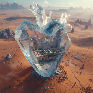Crystal heart shape desert landscape showing love with crystal cities and oasis gardens creating magical cinematic dreamlike fantasy wonder generative AI