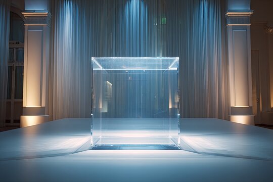 Luxury and High-End Podium Crystal-clear empty podium with hidden LED lights high-fashion runway backdrop chic and glamorous