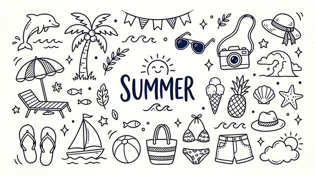 Summer vacation doodle art collection featuring beach elements palm trees travel items and holiday symbols vacation sunglasses