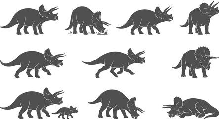 Prehistoric triceratops dinosaur silhouettes walking eating and resting on a transparent background © Nabil