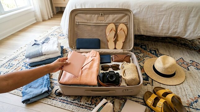 Person packing clothes and travel essentials into suitcase on bedroom floor for upcoming summer vacation trip with suitcase