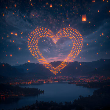 Lanterns heart shape floating sky glowing showing love over night mountains and lakes creating magical warm dreamlike fantasy atmospheric wonder generative AI