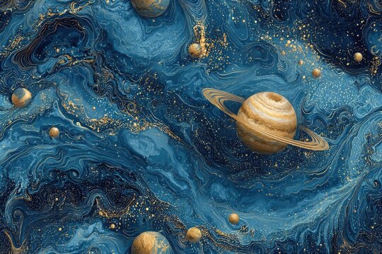 Fabric texture seamless pattern background Marbled Planets Swirling marble-effect Jupiter Mars and Saturn on a cosmic deep-blue fabric