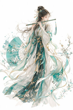 Elegant girl playing flute with teal fan and blossoms