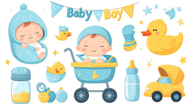 Cute nursery collection with baby boy, pacifier, rattle, toy car and banner, soft pastel colors, white background
