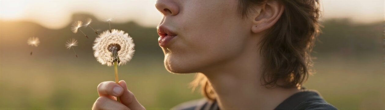 Captures Person Blowing On Seeds Of Dandelion Flower In To Outdoor Setting Golden Hour As Suggested By Warm Lighting Bathes Scene With Soft