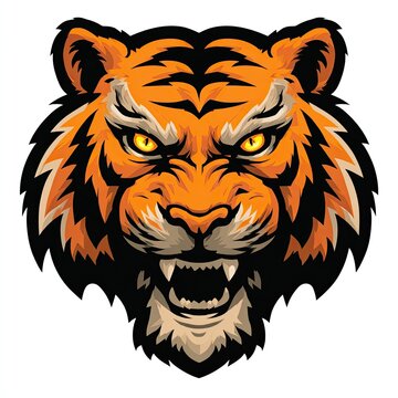 A fierce tiger logo with glowing eyes jungle theme orange and black sports mascot isolated on white background