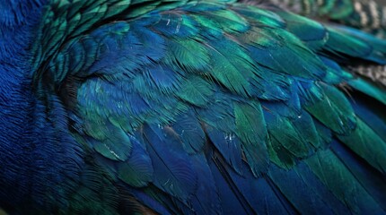 Obraz premium Macro close up of vibrant blue and green bird feathers with iridescent texture and fine barbs showing intricate pattern and natural gloss
