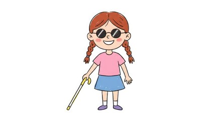Fototapeta premium Cartoon girl with red hair and sunglasses holding a cane