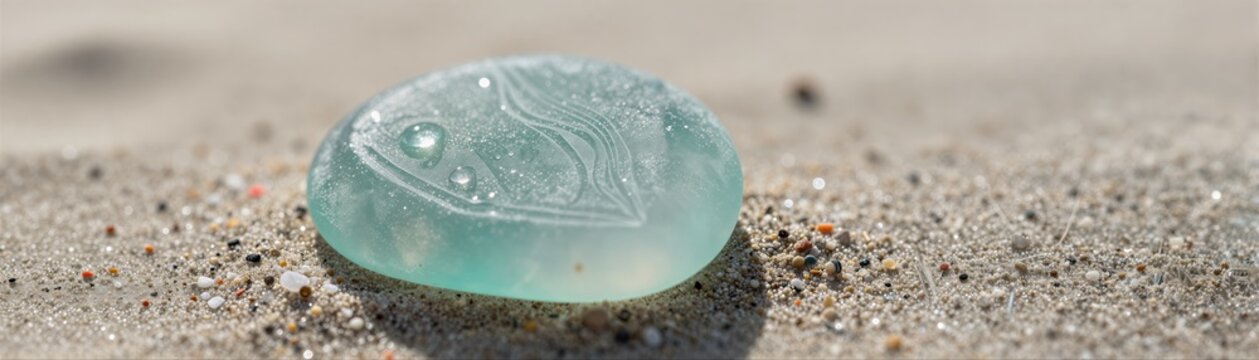 Translucent Green Stone With Intricate Etchings On Surface Resembling Abstract Pattern Silhouette Of Figure Within Resting Sandy Beach Scattered Small